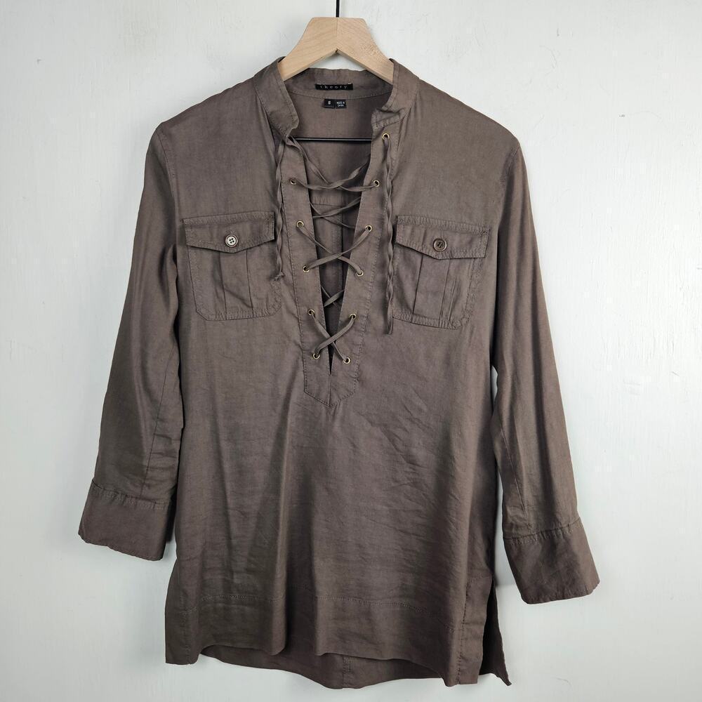 Theory Y2K Lace‎ Up Popover Tunic Blouse S Brown Roll Tab Sleeve